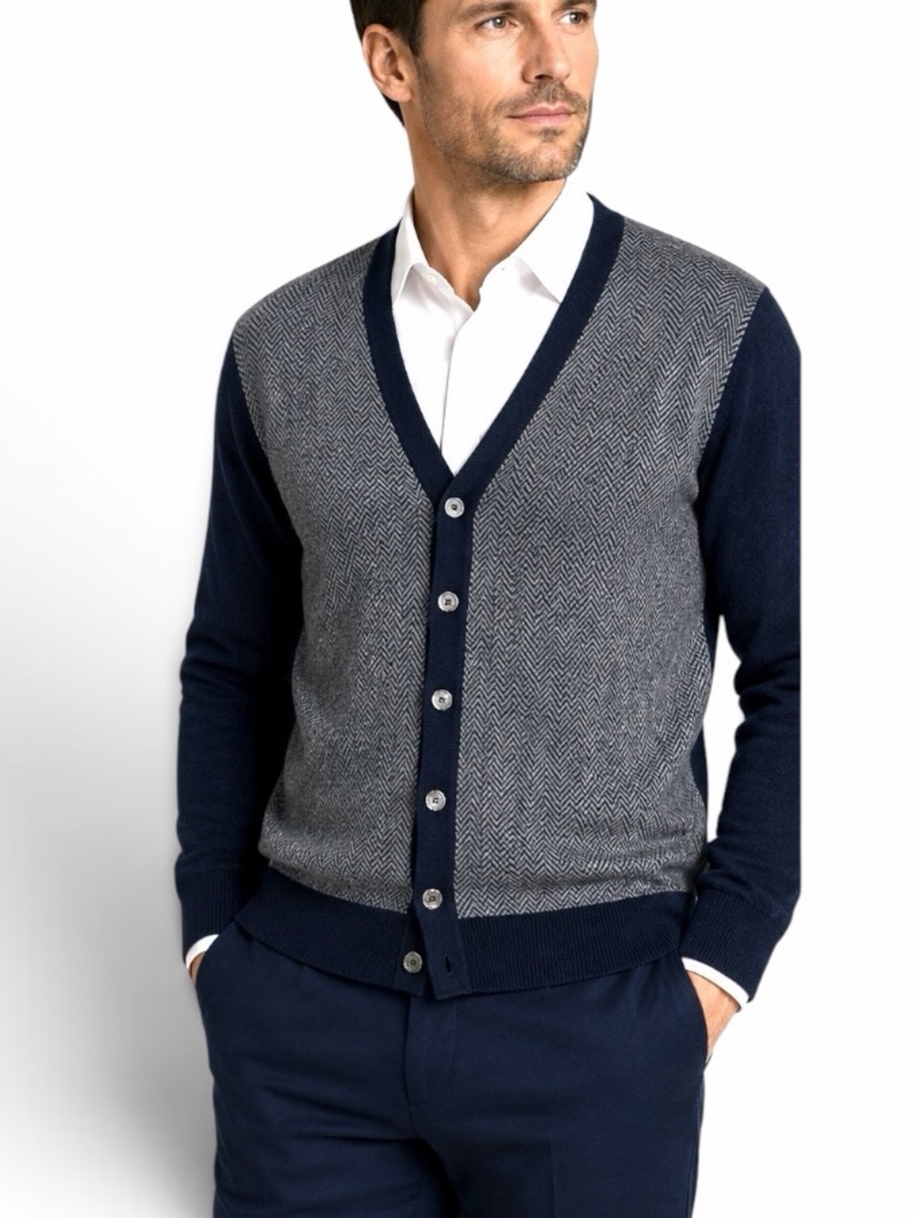 Eredi Pisano Wool Cashmere Grandpa Cardigan Herringbone Navy Gray sz L Slim NWT